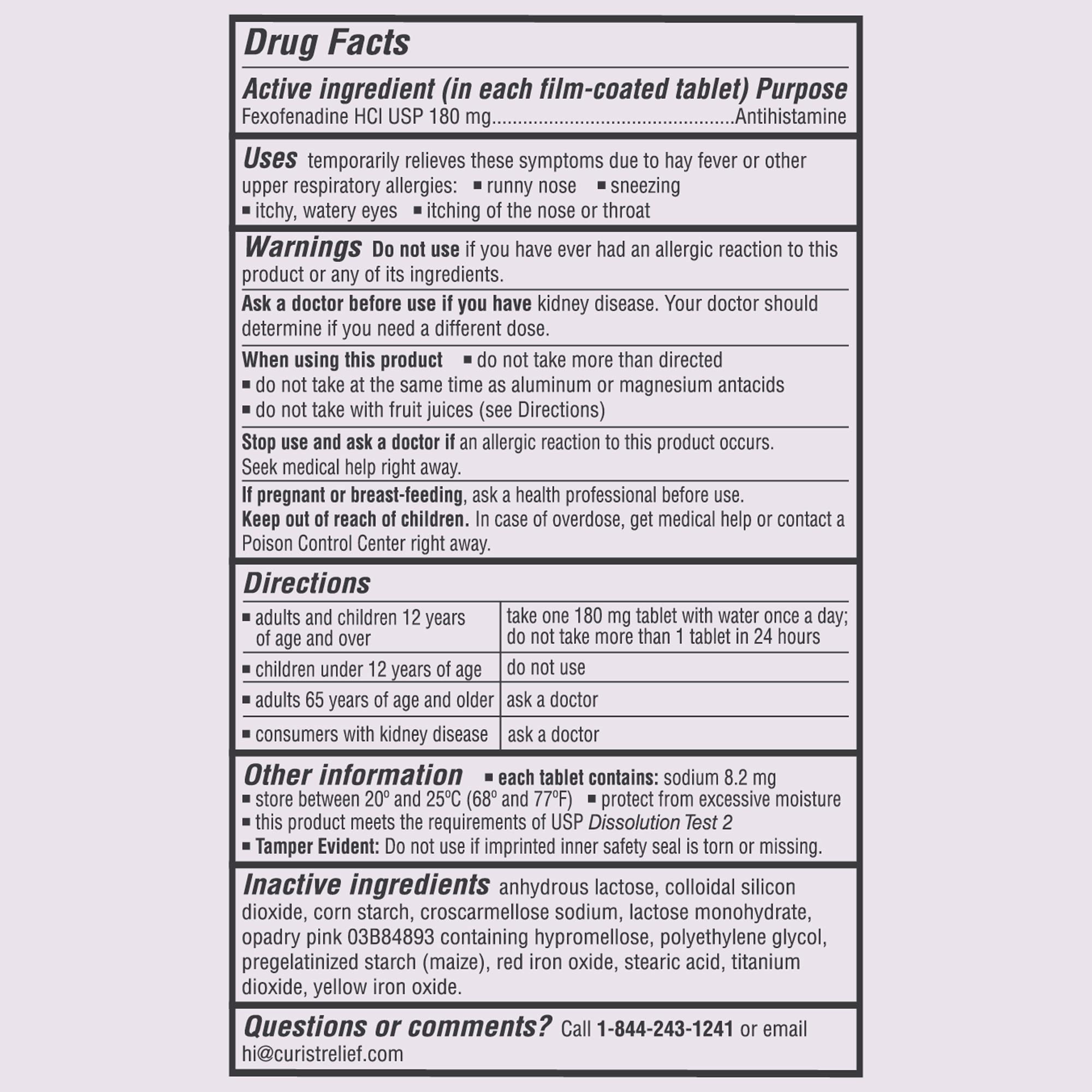 Curist Fexofenadine 180mg seal highlighting non-drowsy benefit.