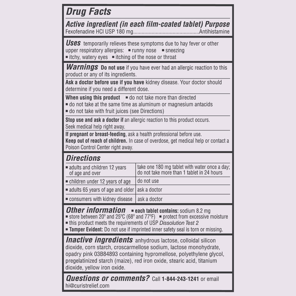 Curist Fexofenadine 180mg seal highlighting non-drowsy benefit.