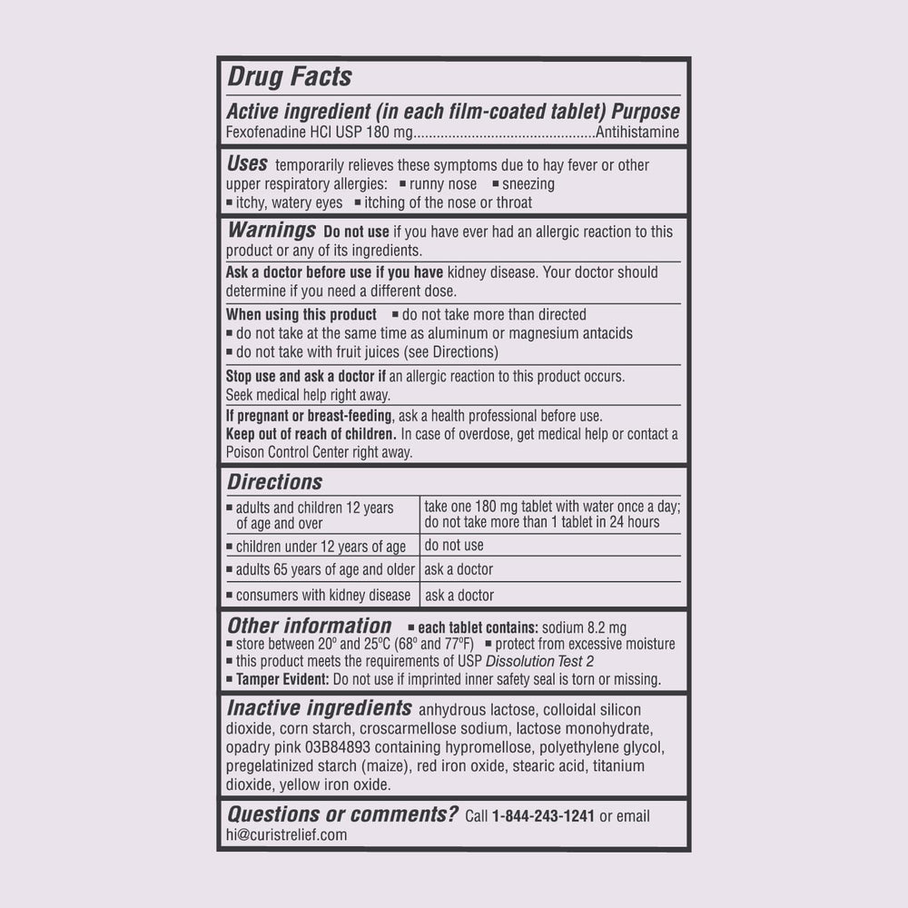 Curist Fexofenadine dosing guide card shown