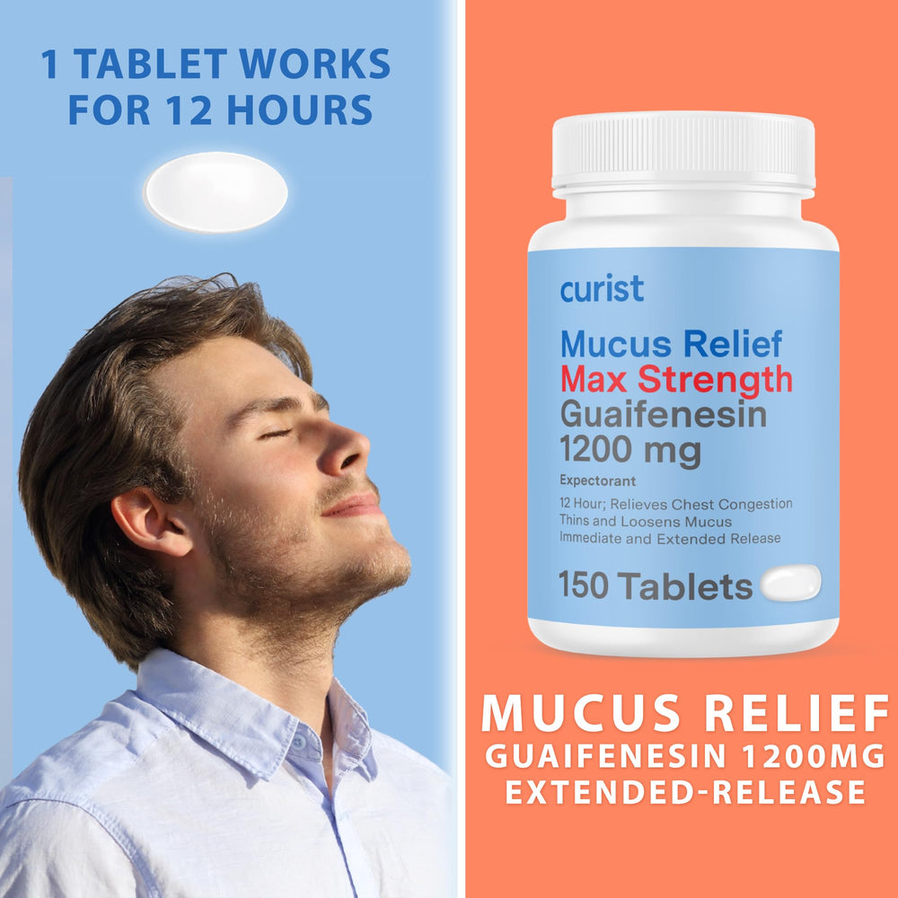 Curist Guaifenesin 1200 mg tablets bottle front shows ease of use and non-drowsy relief