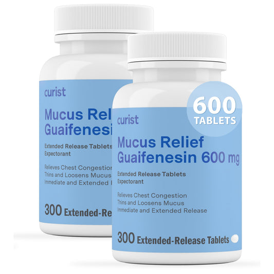 Curist Guaifenesin 600 mg ER tablets front view, dye-free formula for mucus thinning.