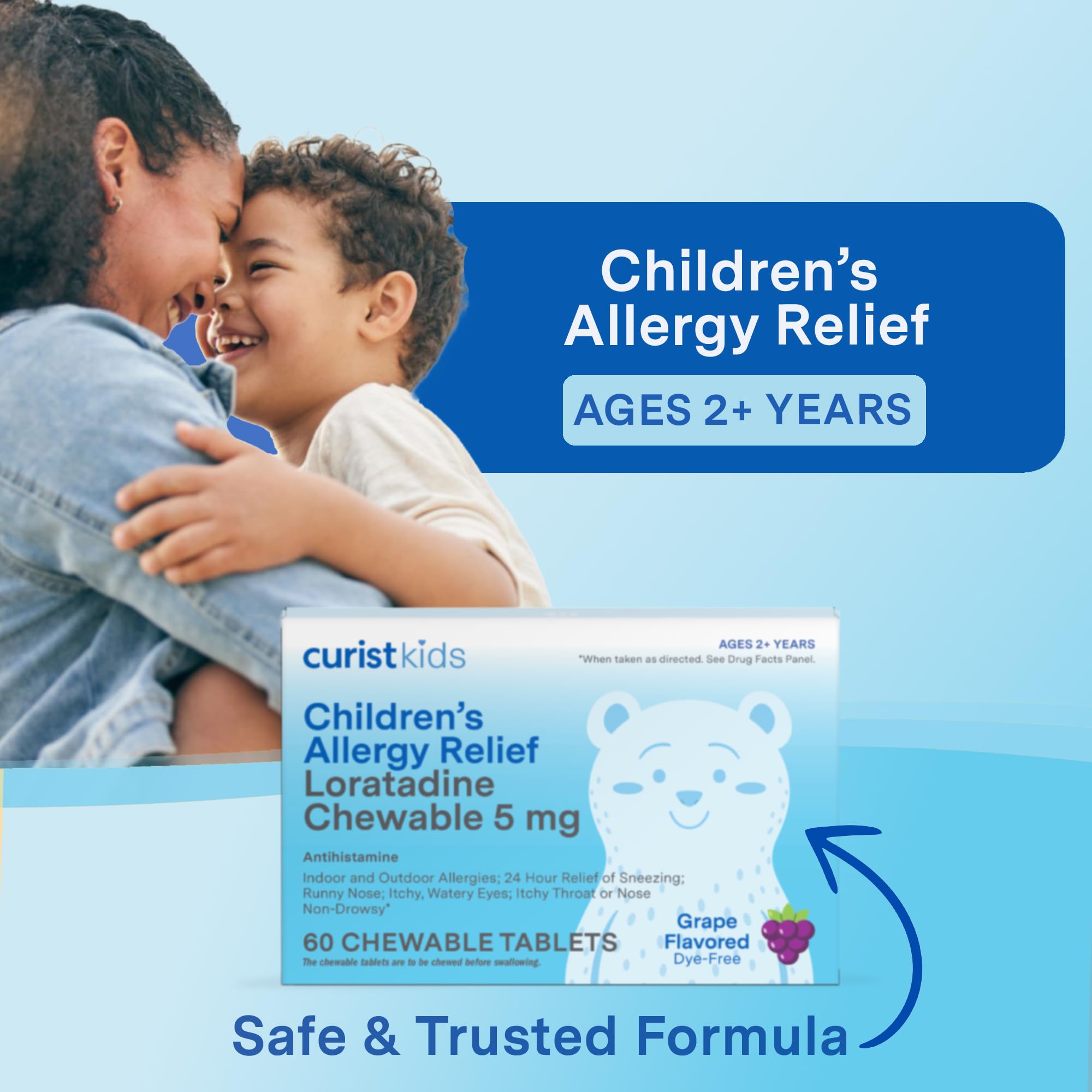 Curist Kids Allergy Chewables grape flavor label with brand logo.