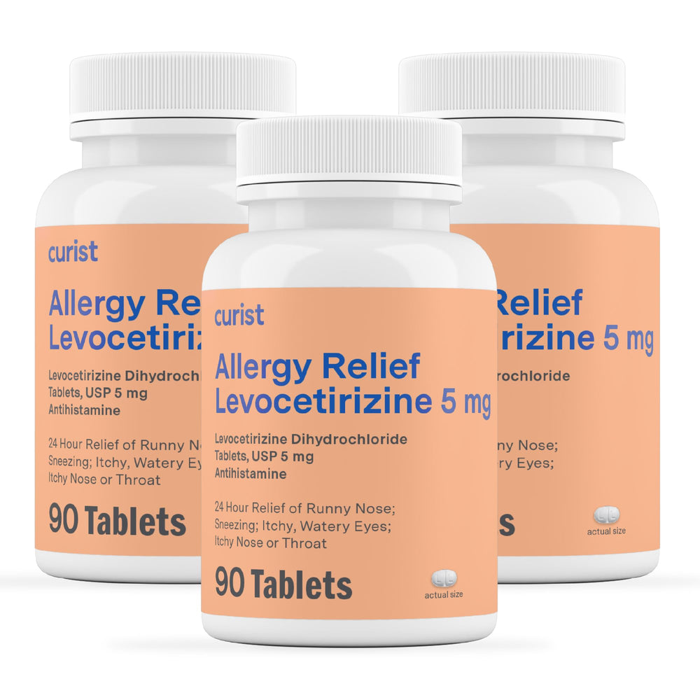 Curist levocetirizine 5mg bulk bottle showing 270-tablet supply for relief