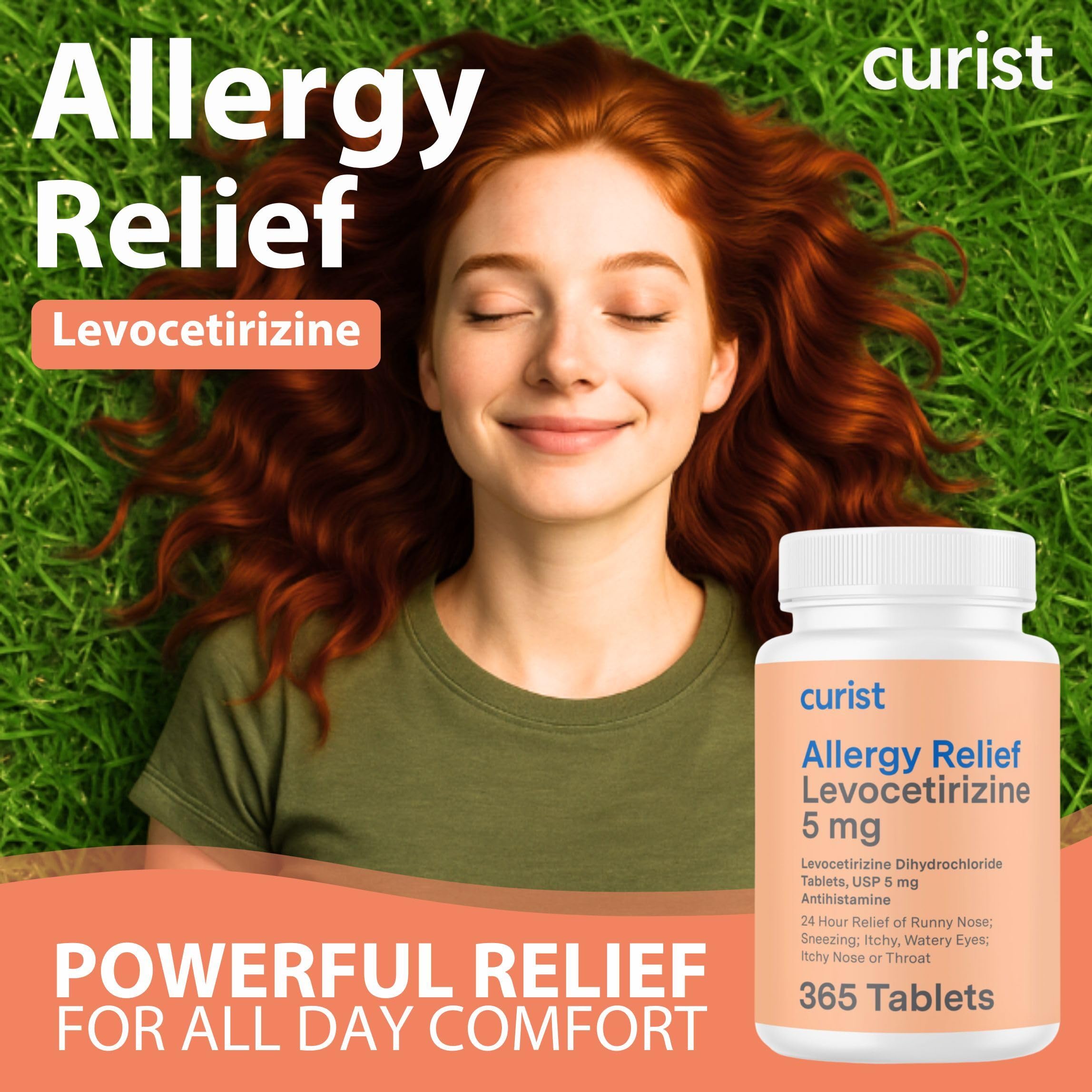 Close-up of Curist label showing 5 mg active ingredient for reliable allergy support.