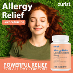 Close-up of Curist label showing 5 mg active ingredient for reliable allergy support.