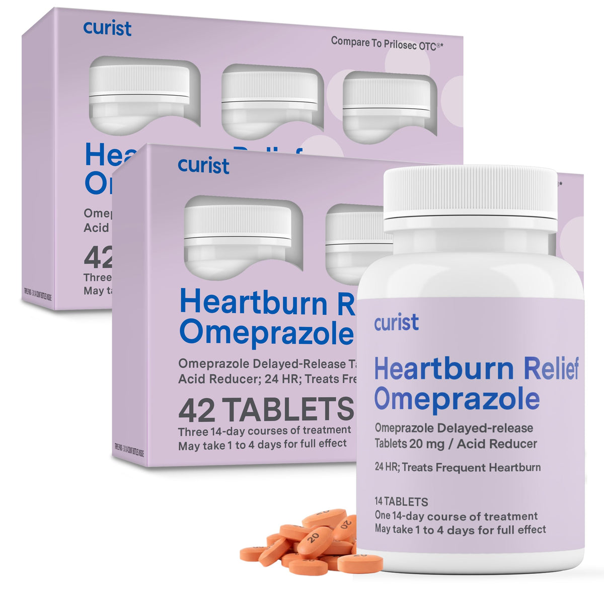 Curist Omeprazole 20mg bottle with tablets for daily heartburn relief.