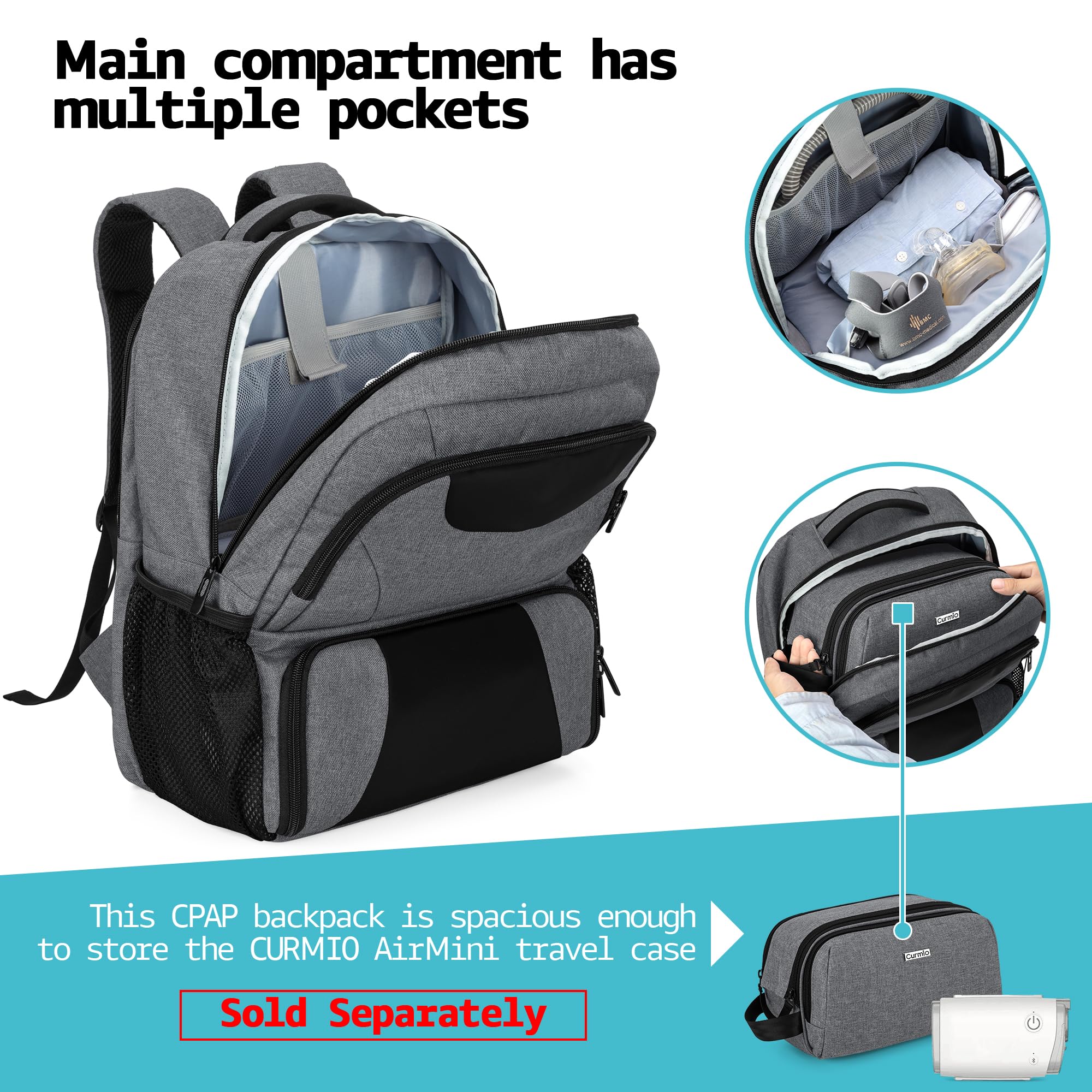 CURMIO CPAP backpack laptop sleeve section protects a 15.6-inch device during travel.