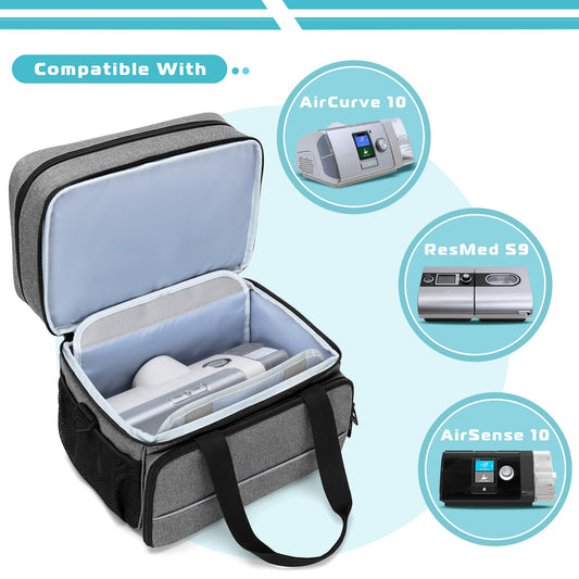 CURMIO CPAP travel bag top compartments keep masks, hoses, and cables neatly accessible.