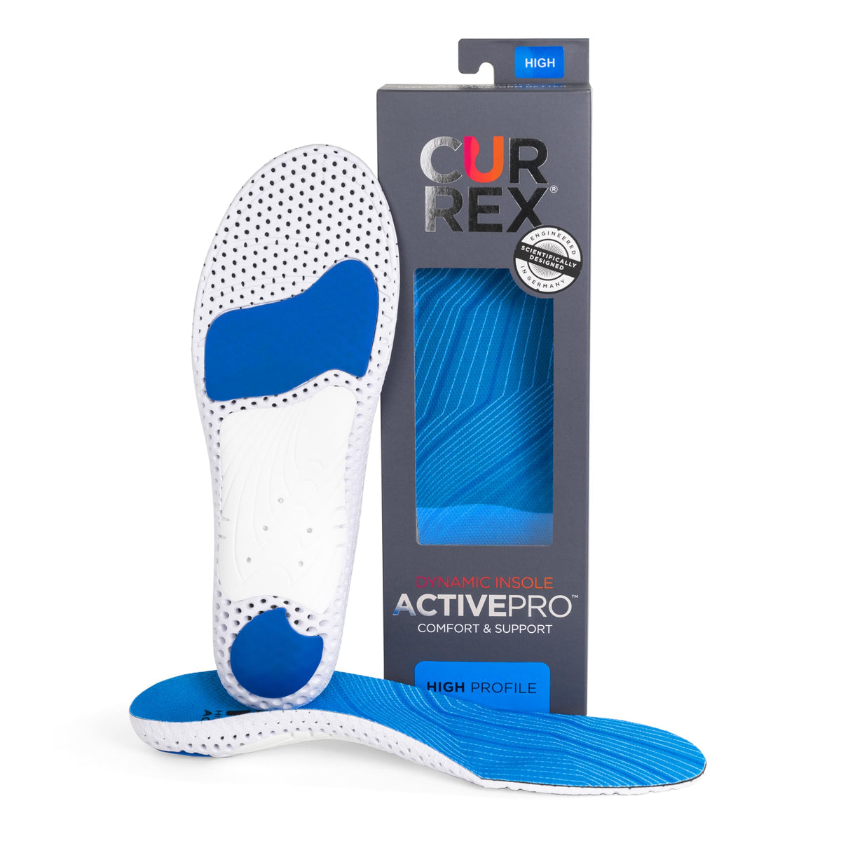 Currex ActivePro insoles show heel cushion for shock absorption during walking.