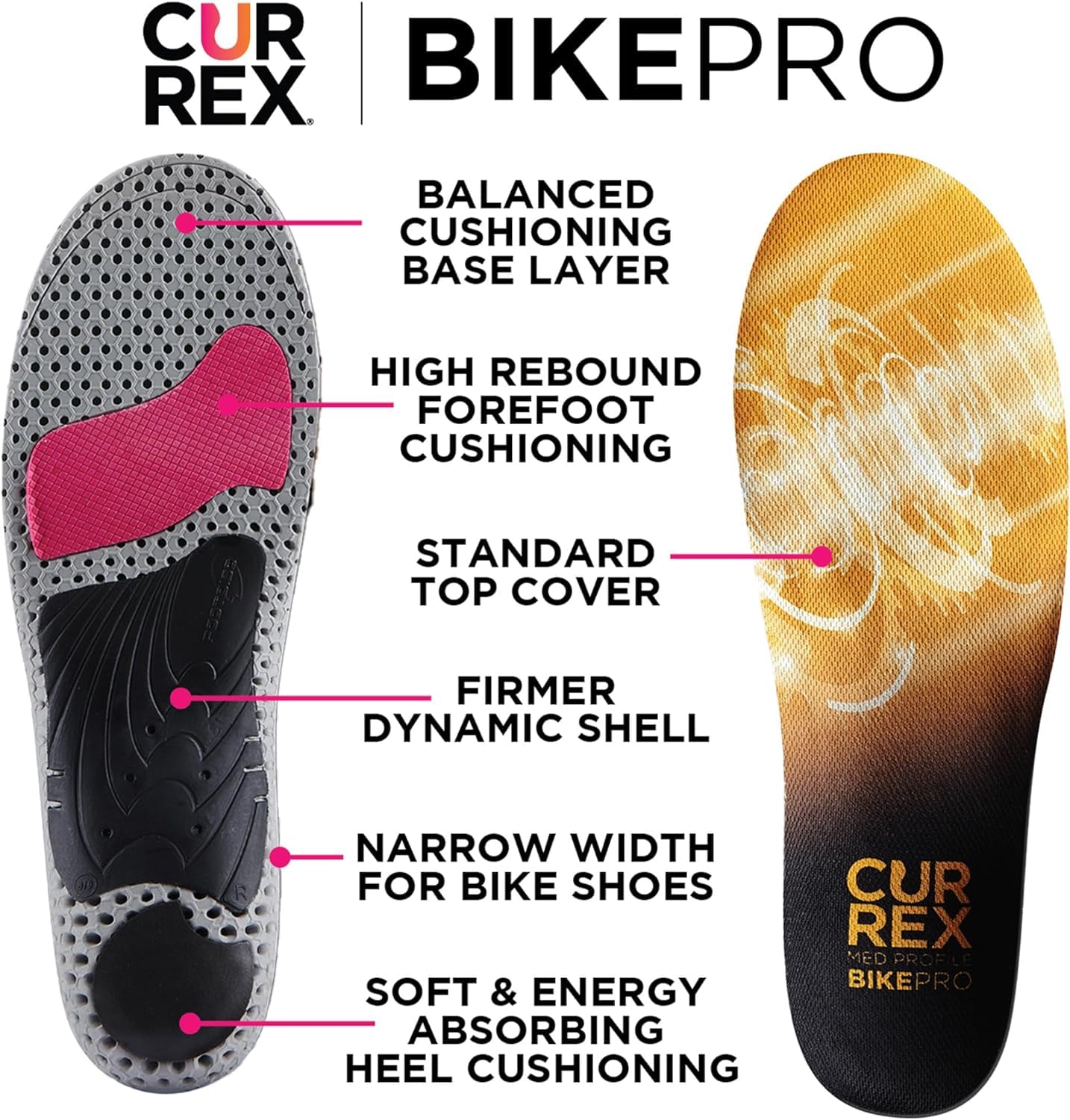 CURREX BikePro deep heel cup keeps the heel secure during rides.