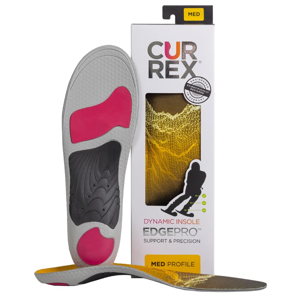 Currex EdgePro thermo-regulating ski boot insole highlights arch support for precise power transfer.