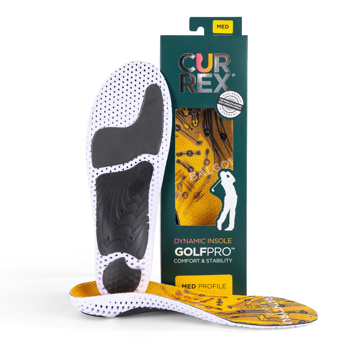 CURREX GolfPro insoles close-up highlighting arch support for improved balance.