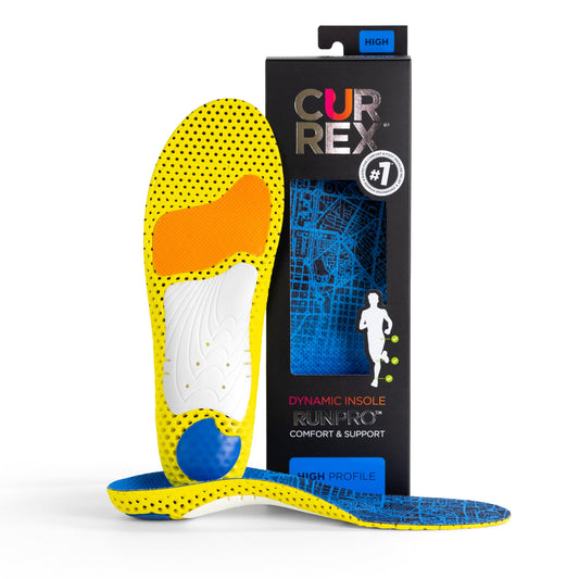 Currex RunPRO insoles packaging shown with premium arch support for runners.