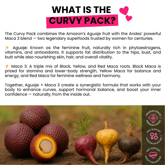 Curvy Fruit pills close-up showing Aguaje Maca blend for natural volume.