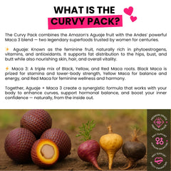 Curvy Fruit pills close-up showing Aguaje Maca blend for natural volume.