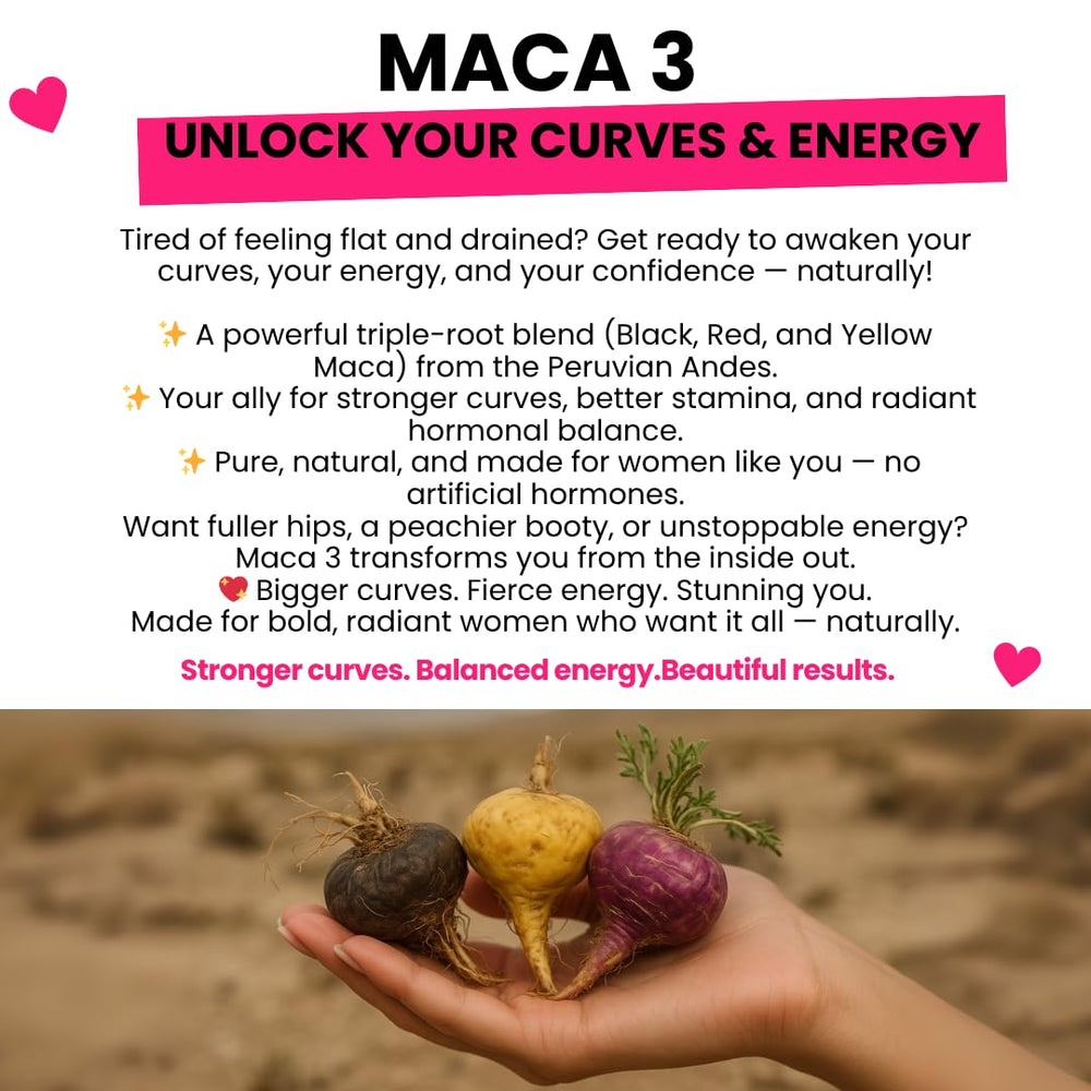 Curvy Fruit Yellow Maca capsules suggest energy-friendly daily use.