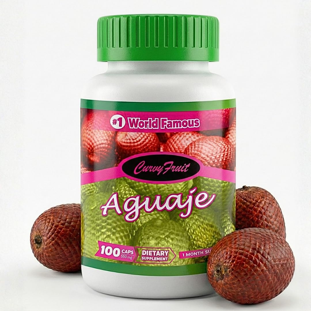 CurvyFruit Aguaje bottle front shows a natural, plant-based wellness product.