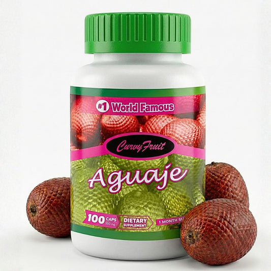 CurvyFruit Aguaje bottle front shows a natural, plant-based wellness product.