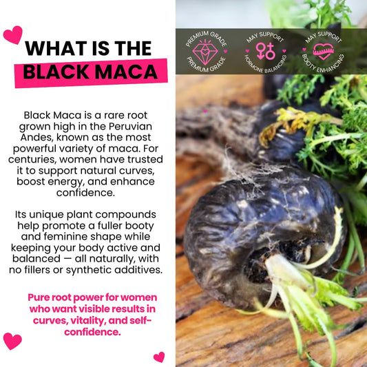 CurvyFruit genuine black maca bottle label close-up showing dosage and ingredients.