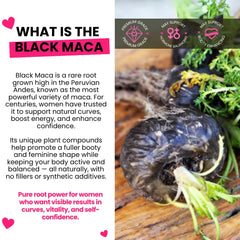 CurvyFruit genuine black maca bottle label close-up showing dosage and ingredients.