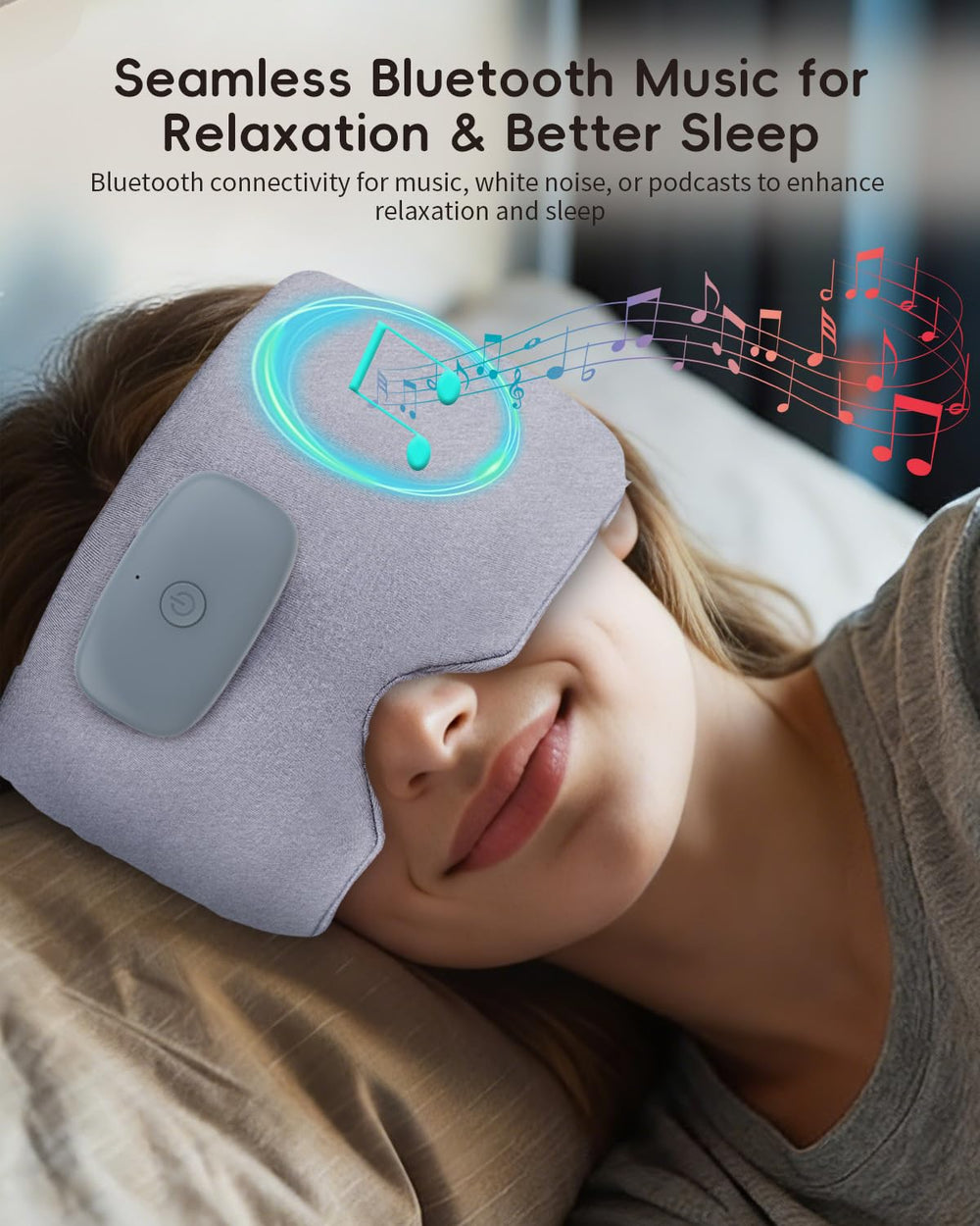CUZRICH heated sleep mask Bluetooth-audio view highlighting built-in speakers and wireless connectivity.
