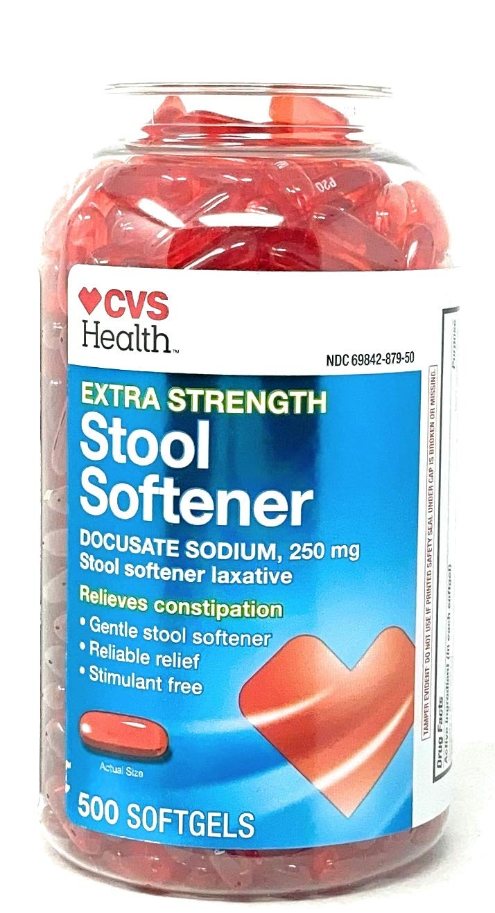 CVS Health extra-strength stool softener bottle showcases gentle support for occasional discomfort.