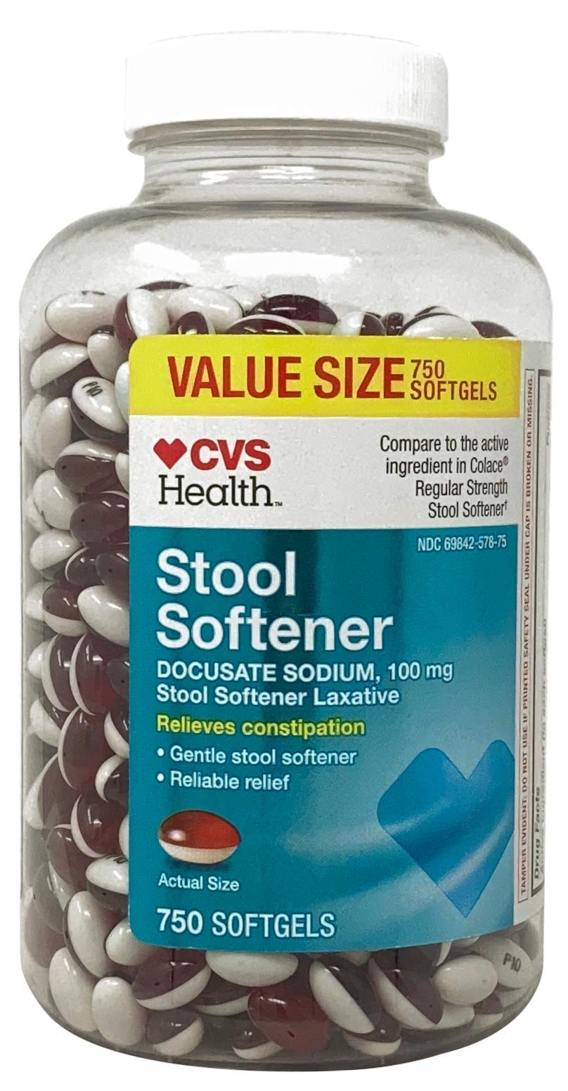 CVS Health Stool Softener softgels bottle pour demonstrates easy dosing and portability.