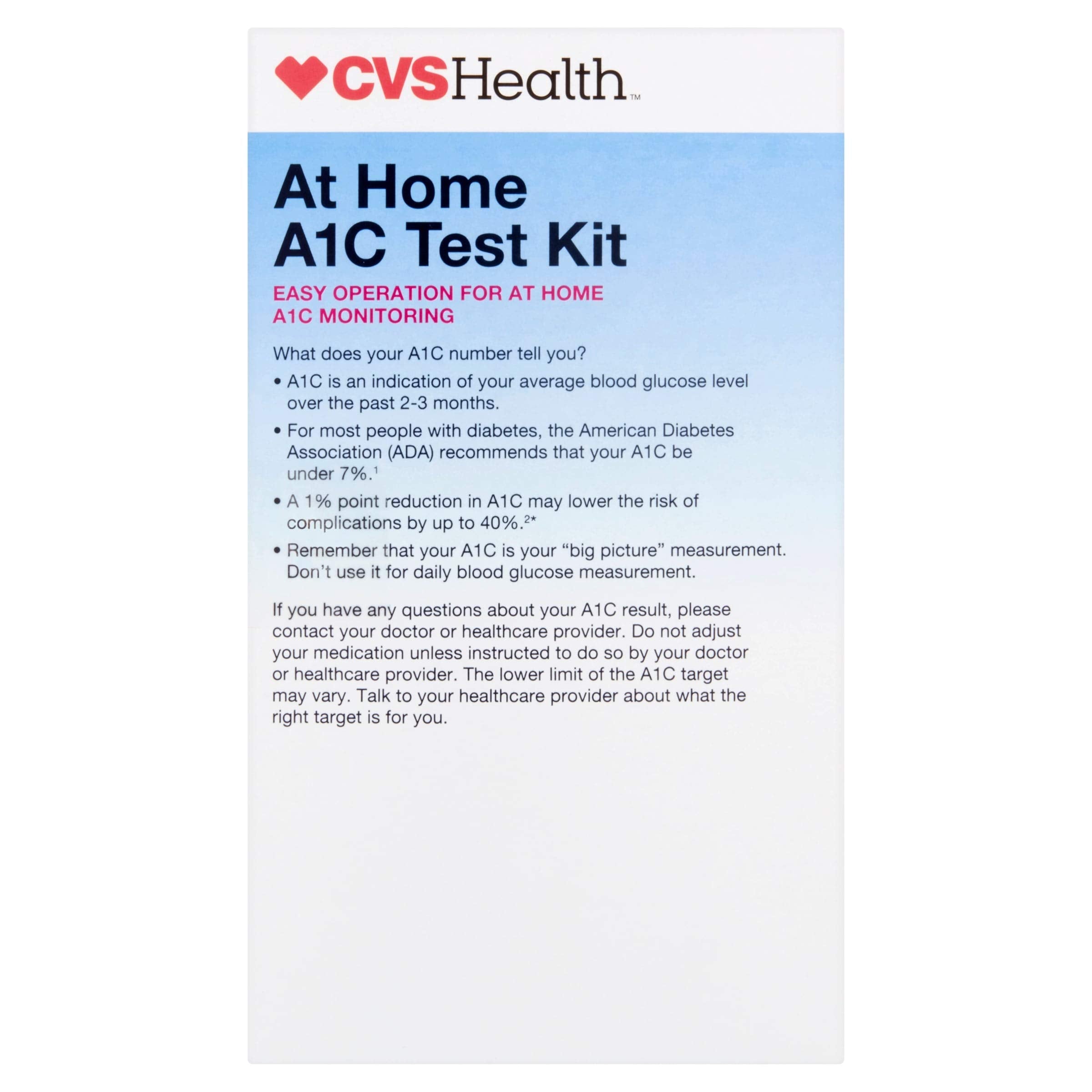 CVS Health A1C at-home test kit shaker pouches for easy mixing and testing.