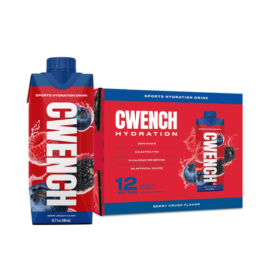 CWENCH Hydration Berry Crush bottle with refreshing zero-sugar flavor, ideal for workouts.