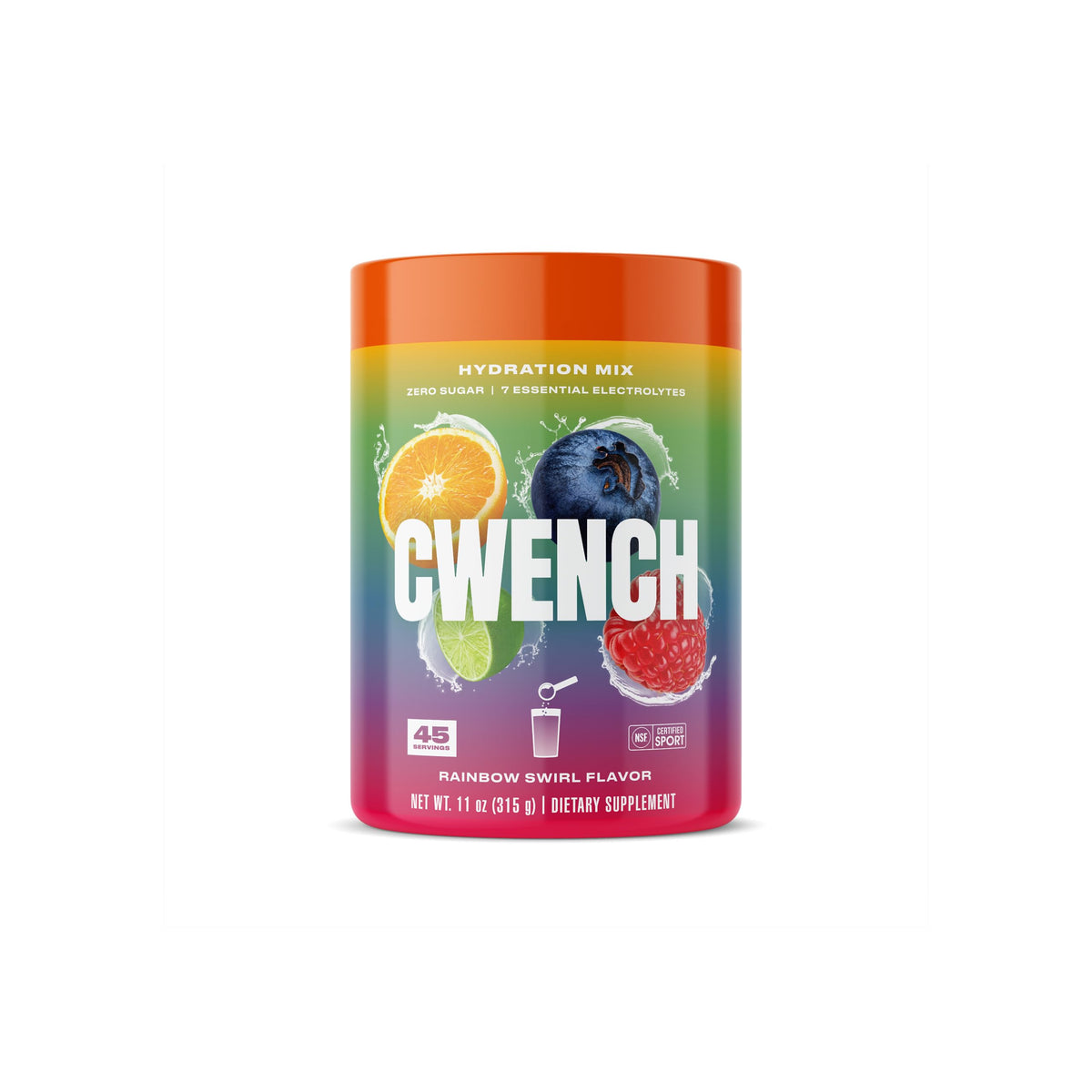 CWENCH Hydration rainbow swirl powder ready to mix for quick daily hydration.