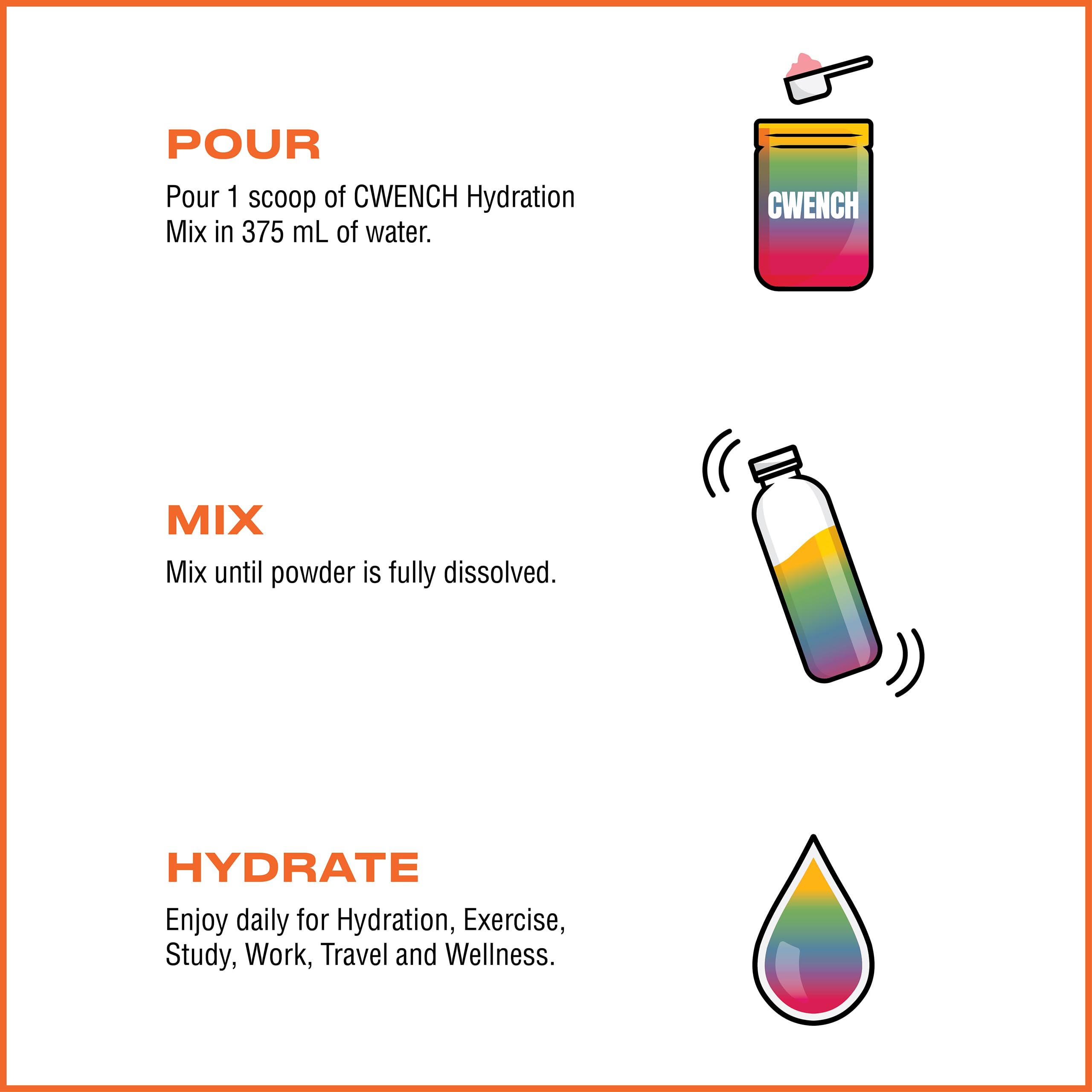 CWENCH Hydration zero sugar label highlights a clean, caffeine-free hydration option.