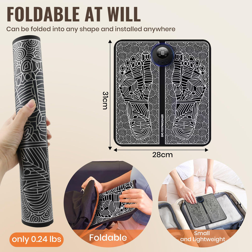 CWTUL EMS foot massager with feet on mat for full-coverage therapy