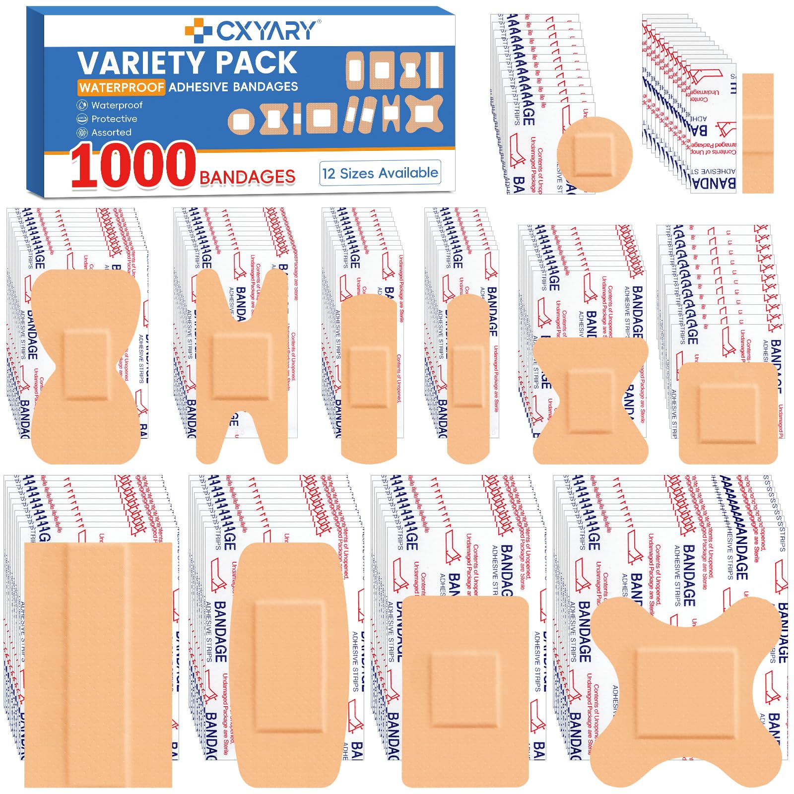 CXYARY 1000-count bulk bandages in assorted sizes for quick wound care.