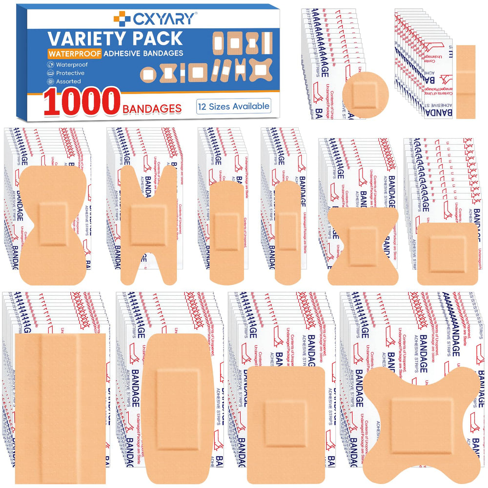 CXYARY 1000-count bulk bandages in assorted sizes for quick wound care.