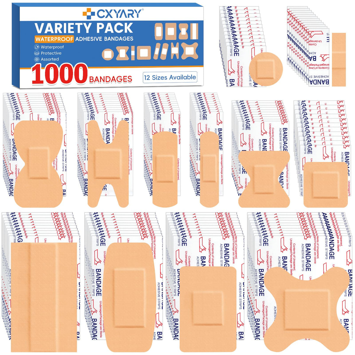 CXYARY 1000-count bulk bandages in assorted sizes for quick wound care.