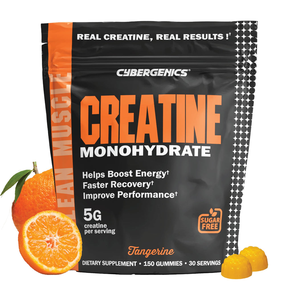 Cybergenics Creatine Gummies bottle showcases convenient 5g servings for strength and daily energy.