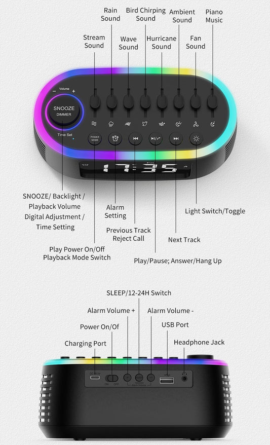 CYBORIS white noise machine LED display clearly shows time and settings at night
