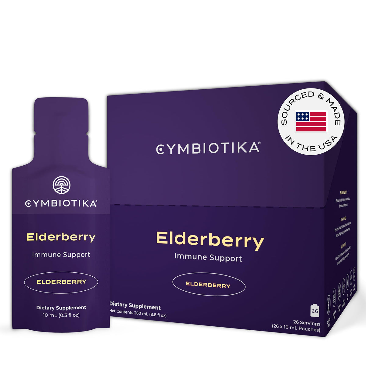 CYMBIOTIKA Elderberry Boost pouch closeup for convenient daily immune support.