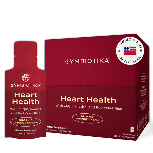 CYMBIOTIKA Heart Health bottle illustrating CoQ10 delivery for daily wellness.