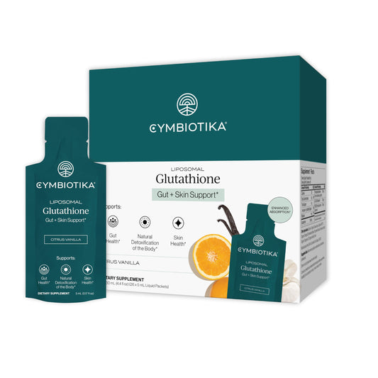 CYMBIOTIKA Liposomal Glutathione bottle emphasizing advanced absorption for detox