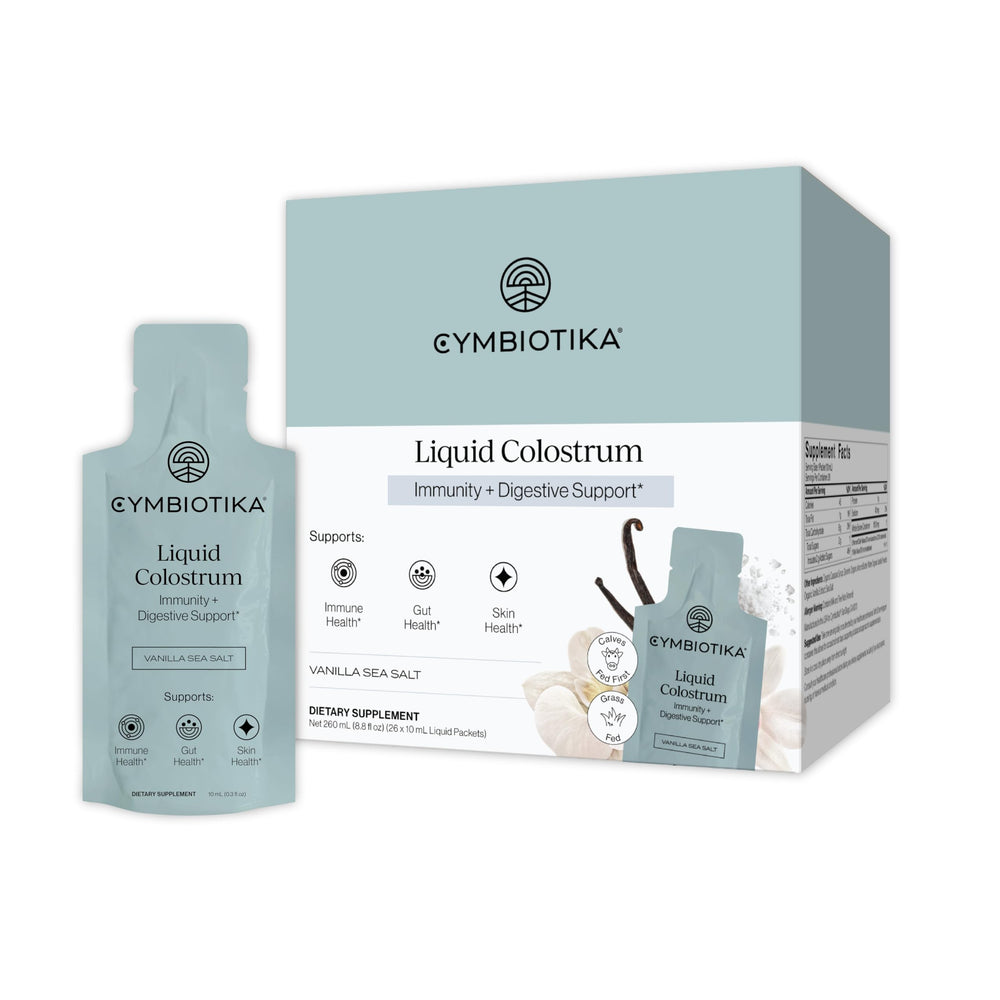 CYMBIOTIKA Liquid Colostrum bottle pour for easy daily gut support.