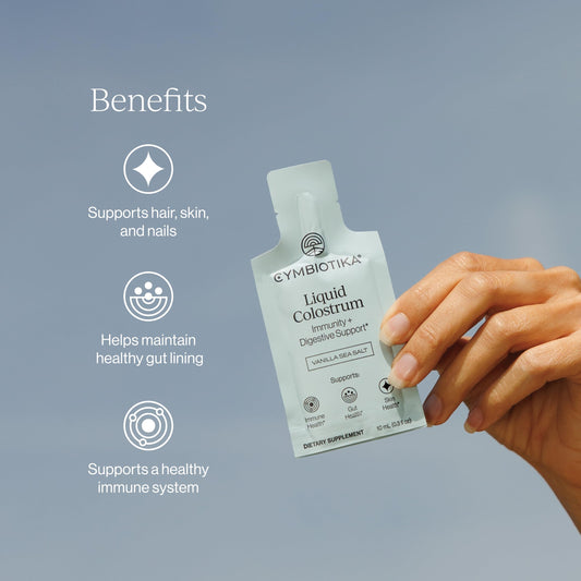 CYMBIOTIKA liquid colostrum pour demonstrates easy daily dosing for convenience