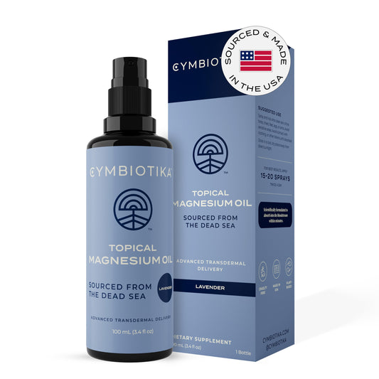 CYMBIOTIKA topical magnesium oil spray bottle ready for daily use to support muscles