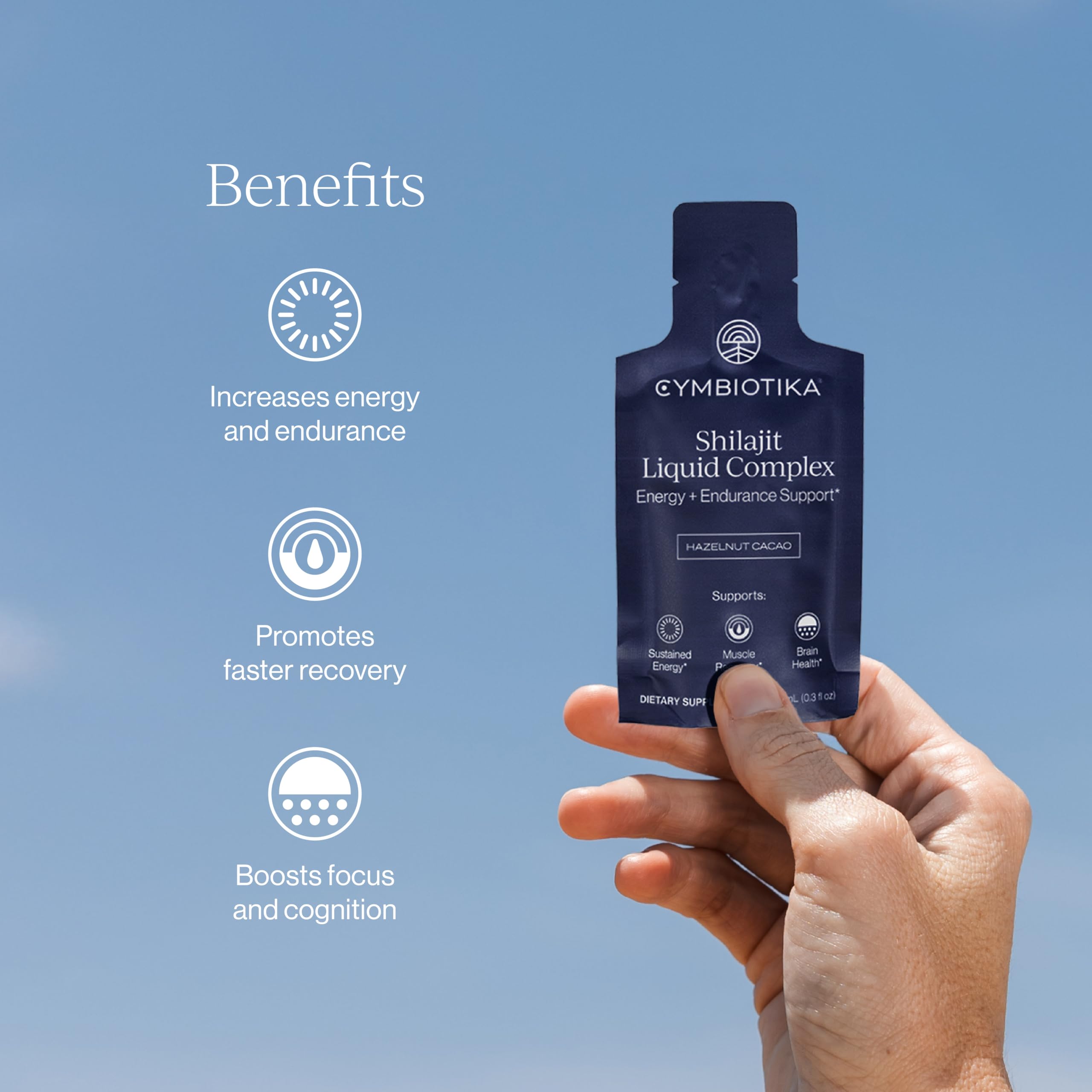 CYMBIOTIKA Shilajit Liquid bottle pour showing rapid absorption and on-the-go convenience.