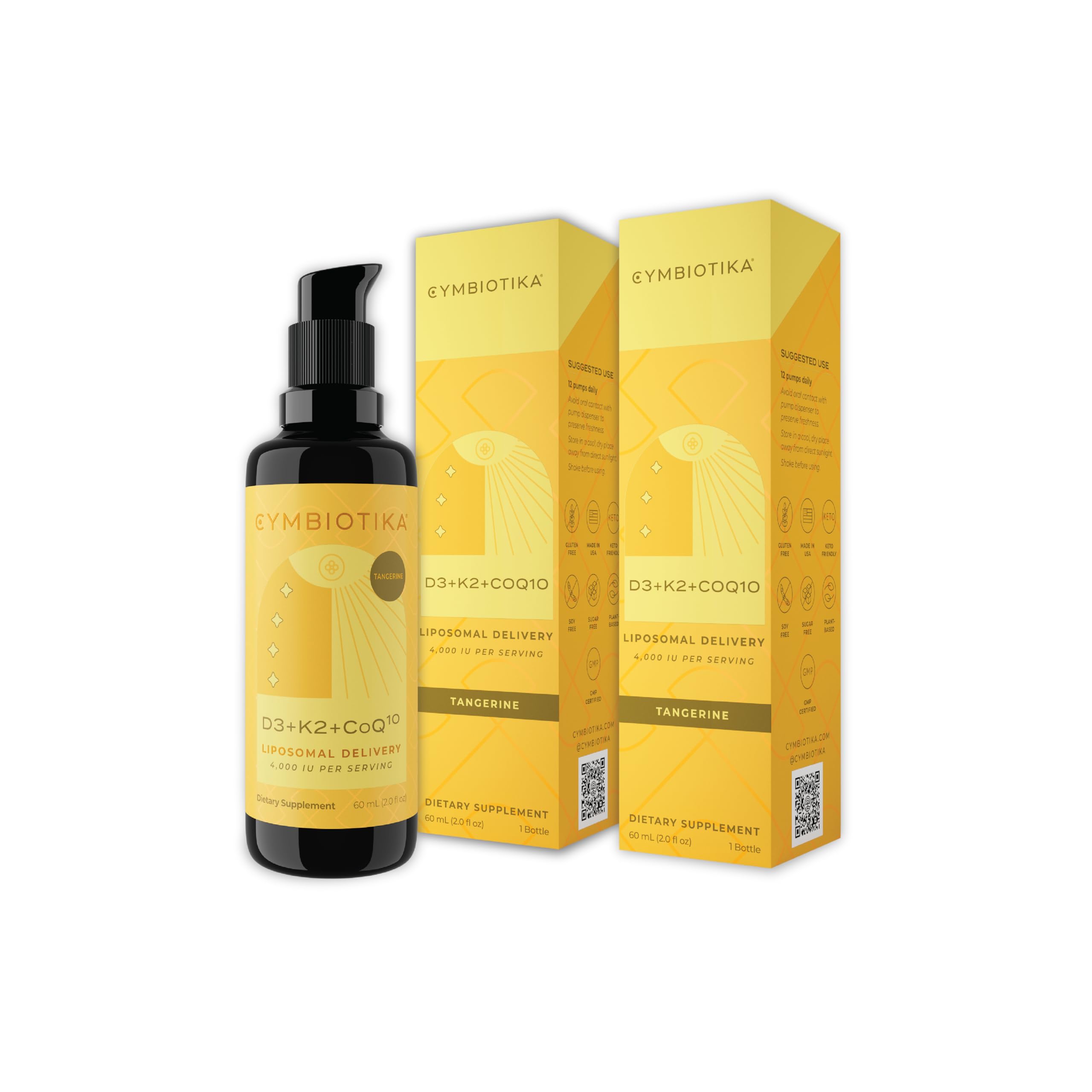 CYMBIOTIKA liquid bottle showing vegan immune and bone health support in a bright label