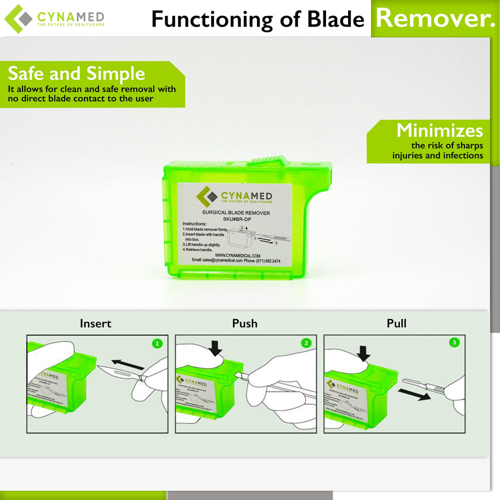 Cynamed Sharps container stores used blades securely inside the rigid storage