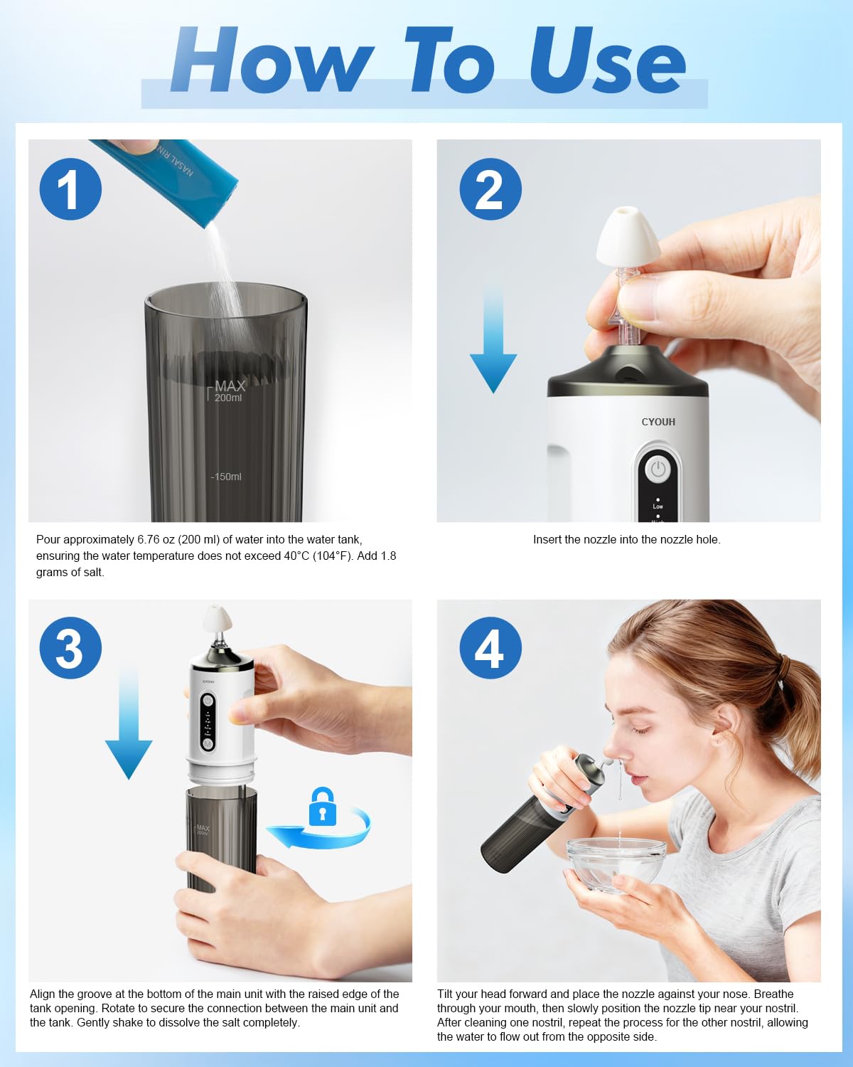 CYOUH system shows nozzle variations for targeted and gentle cleansing.