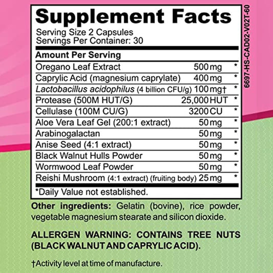 Cyrixs Health Candida Complex bottle label displays key ingredients and balance benefits