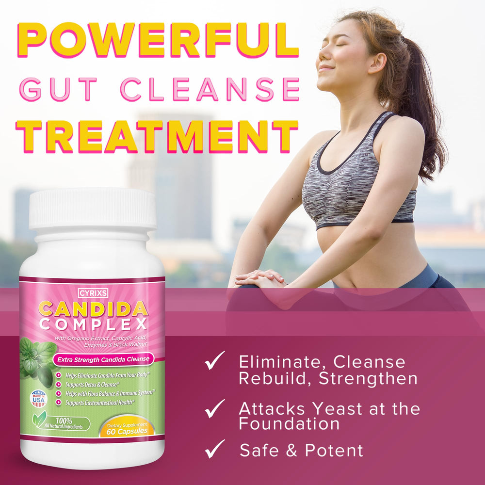 Cyrixs Health Candida Complex capsules close-up highlights herbal and probiotic components