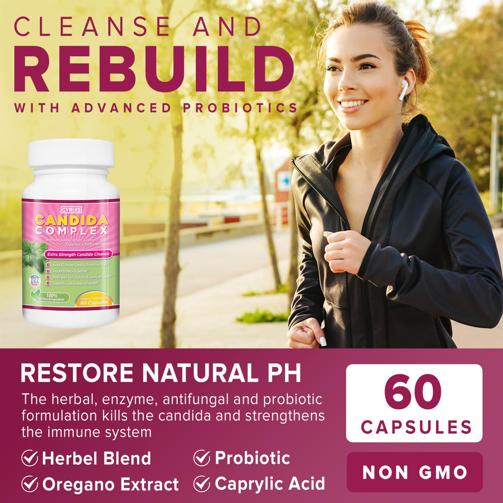 Cyrixs Health Candida Complex lifestyle shot suggests daily use for comfort and balance